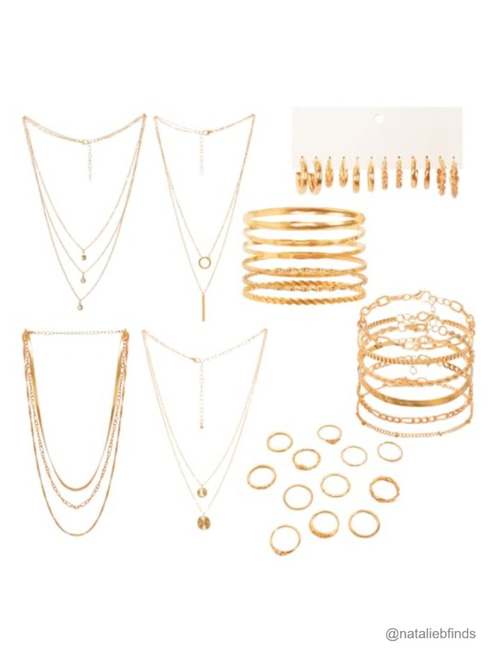 34pc Gold Plated Jewelry Set Layered Necklaces Stackable Rings Hoops for Women
